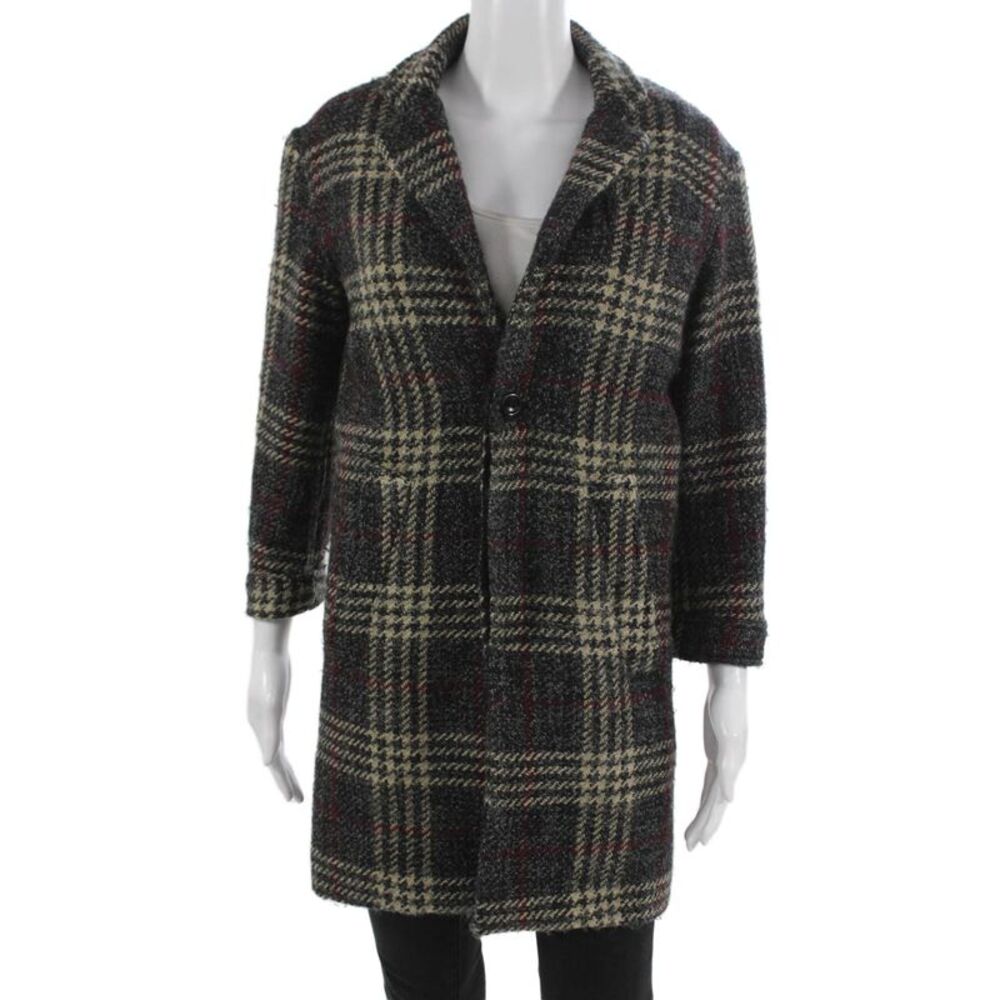 Calvin Rucker Womens Gray Plaid Wool Blend Overcoat Button Closure Size XS